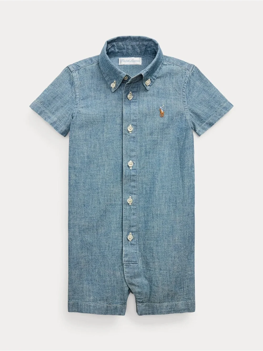 Ralph Lauren 6m Light Blue Denim Button‑Front Short‑Sleeve Romper